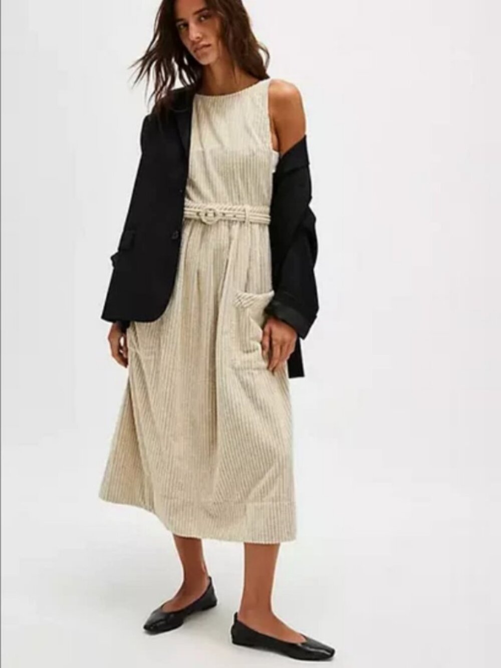 Free People The Other Side Corduroy Midi Dress Adjustable Shoulder Open-Back S